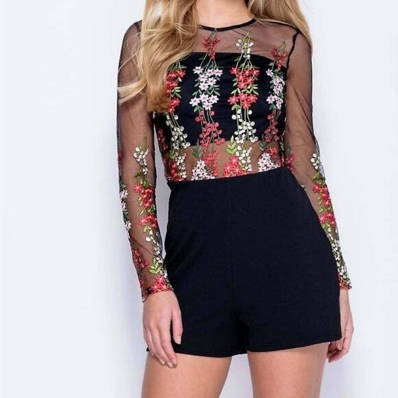 Flower print long sleeve Embroidered Mesh Romper‎ - Picture 1 of 6